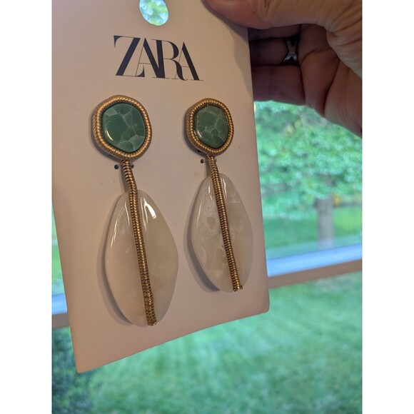 ZARA Double Stone Earrings Green Cream Gold Retro Teardrop Dangle Drop Glam NEW - Picture 2 of 9